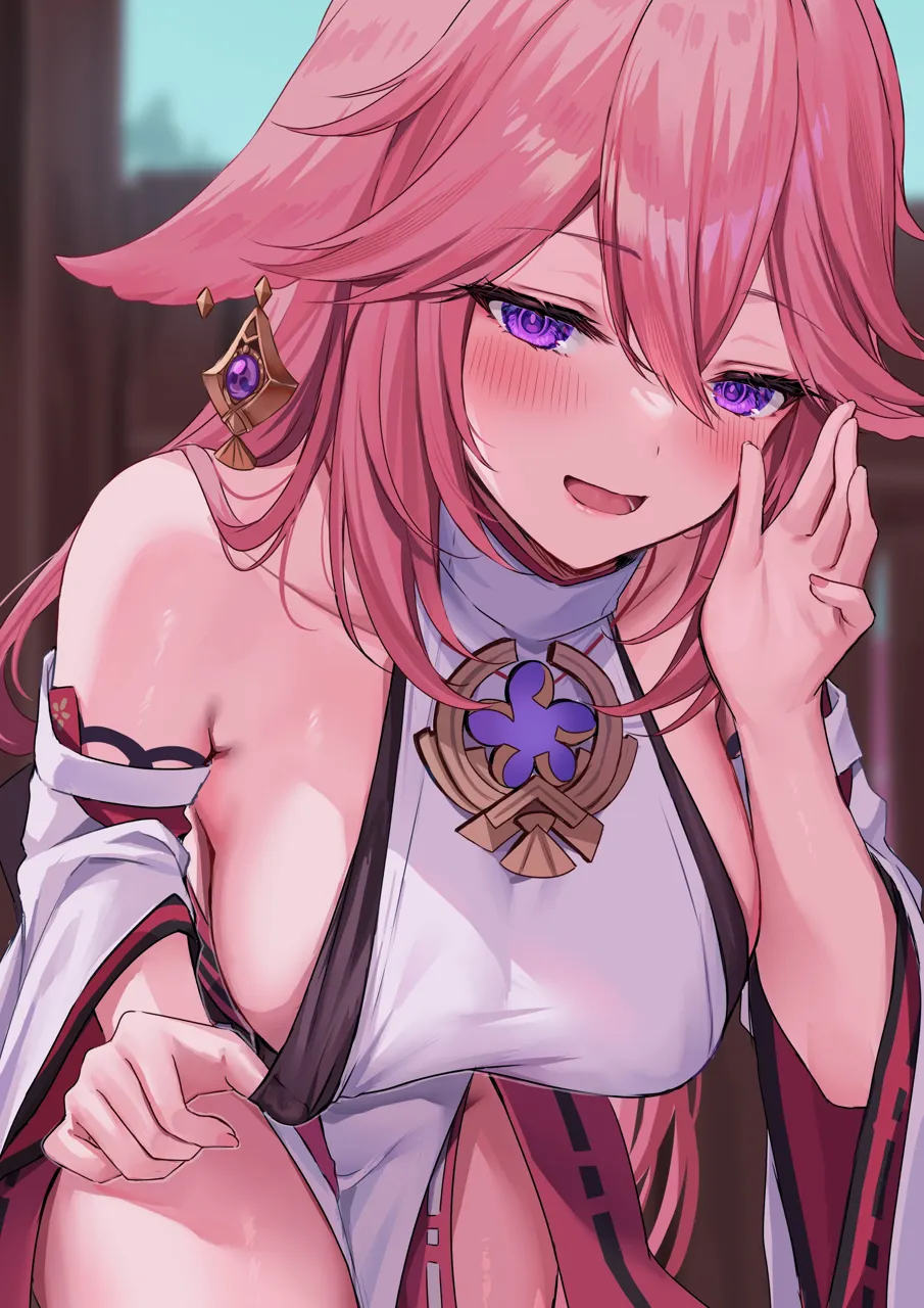 1girl animal_ears bare_legs bare_shoulders blush breasts crossed_bangs detached_sleeves earrings fox_ears genshin_impact hair_between_eyes hair_ornament hizuki_higure japanese_clothes jewelry large_breasts long_hair long_sleeves looking_at_viewer pink_hair purple_eyes shirt sideboob sleeveless sleeveless_shirt smile solo turtleneck very_long_hair wide_sleeves yae_miko