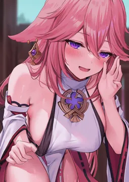 1girl animal_ears bare_legs bare_shoulders blush breasts crossed_bangs detached_sleeves earrings fox_ears genshin_impact hair_between_eyes hair_ornament hizuki_higure japanese_clothes jewelry large_breasts long_hair long_sleeves looking_at_viewer pink_hair purple_eyes shirt sideboob sleeveless sleeveless_shirt smile solo turtleneck very_long_hair wide_sleeves yae_miko