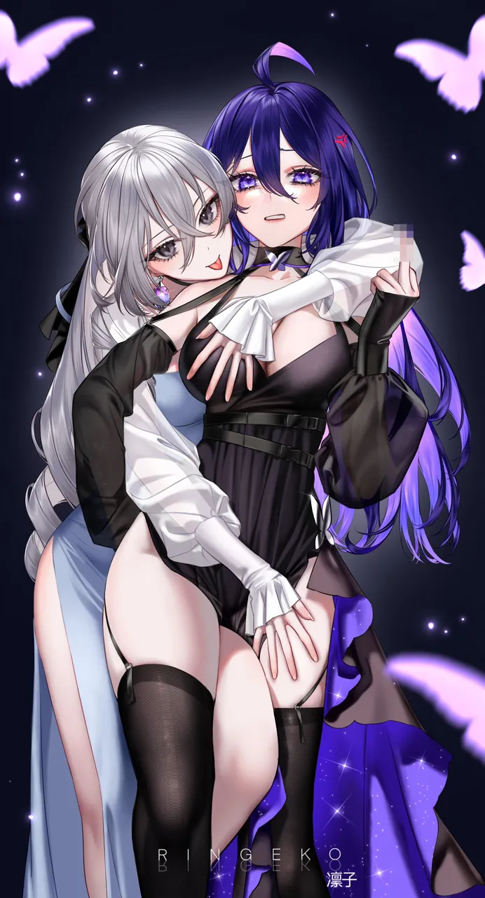 _p 2girls ahoge alternate_costume anger_vein artist_name blush breasts bronya_rand bug butterfly censored censored_gesture cleavage crossed_bangs dress drill_hair earrings egg_earrings garter_straps gloves grey_hair grin hair_between_eyes hand_on_another_s_chest hand_on_another_s_thigh honkai__series honkai__star_rail jewelry large_breasts leg_between_thighs long_hair middle_finger mosaic_censoring multiple_girls purple_eyes purple_hair ringeko_chan seele__honkai__star_rail smile standing thighhighs tongue tongue_out very_long_hair yuri