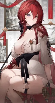 1girl alternate_costume azur_lane blush braid breasts cleavage closed_mouth collarbone crossed_legs drawing__object dress feet_out_of_frame hair_between_eyes hair_ornament large_breasts lips long_hair looking_at_viewer monarch__azur_lane off_shoulder off_shoulder_dress purple_eyes qiandaiyiyu red_hair sitting solo thighs white_dress
