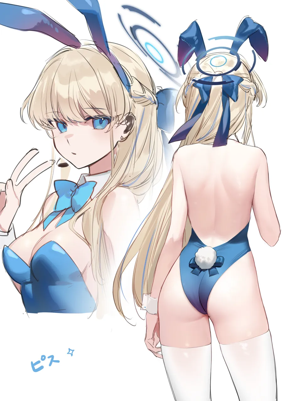 1girl animal_ears ass back backless_outfit bare_back bare_shoulders blonde_hair blue_bow blue_bowtie blue_eyes blue_halo blue_leotard blue_ribbon blush bow bowtie breasts cleavage detached_collar fake_animal_ears fake_tail from_behind halo highleg highleg_leotard leotard long_hair looking_at_viewer medium_breasts multiple_views official_alternate_costume open_mouth playboy_bunny rabbit_ears rabbit_tail ribbon shoulder_blades sideboob strapless strapless_leotard tail thighhighs white_thighhighs white_wrist_cuffs wrist_cuffs smilesmile1312 blue_archive toki__blue_archive toki__bunny__blue_archive