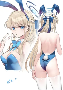 1girl animal_ears ass back backless_outfit bare_back bare_shoulders blonde_hair blue_bow blue_bowtie blue_eyes blue_halo blue_leotard blue_ribbon blush bow bowtie breasts cleavage detached_collar fake_animal_ears fake_tail from_behind halo highleg highleg_leotard leotard long_hair looking_at_viewer medium_breasts multiple_views official_alternate_costume open_mouth playboy_bunny rabbit_ears rabbit_tail ribbon shoulder_blades sideboob strapless strapless_leotard tail thighhighs white_thighhighs white_wrist_cuffs wrist_cuffs smilesmile1312 blue_archive toki__blue_archive toki__bunny__blue_archive