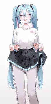 1girl alternate_costume black_skirt blue_eyes blue_hair blue_trim bright_pupils clothes_lift crossed_bangs feet_out_of_frame gradient_background grey_background hair_between_eyes long_hair looking_at_viewer miniskirt open_mouth pants pants_under_skirt pleated_skirt shirt short_sleeves simple_background skirt skirt_lift solo standing t_shirt teeth twintails upper_teeth_only very_long_hair white_background white_pants white_shirt nakony hatsune_miku