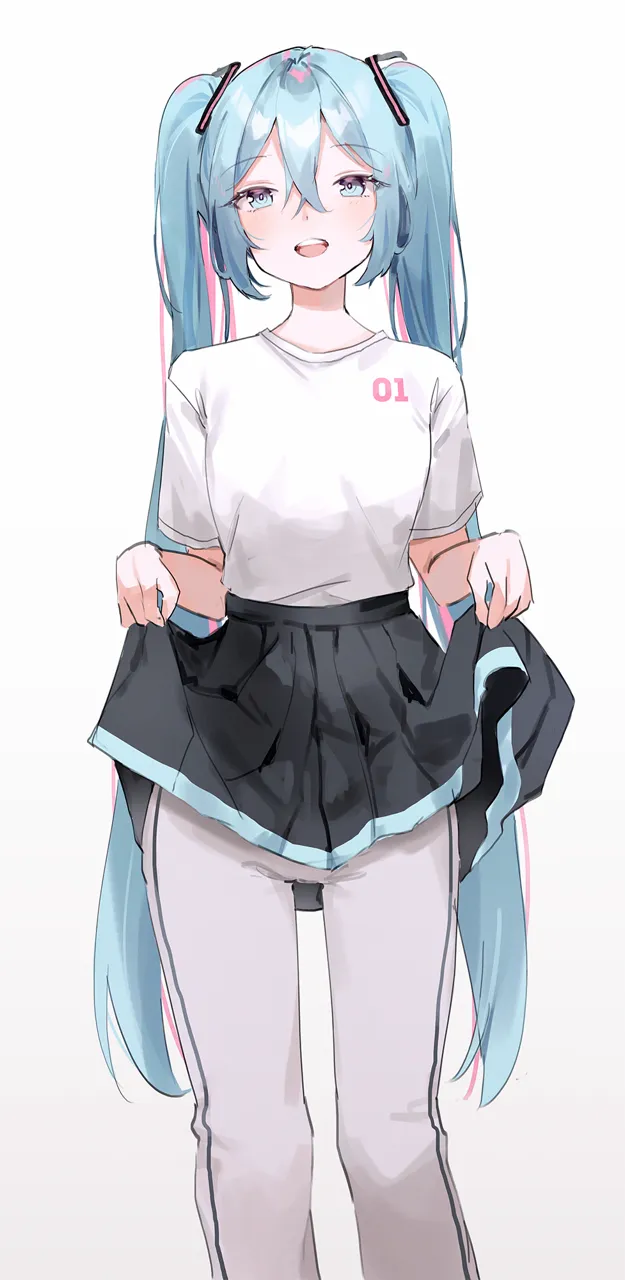 1girl alternate_costume black_skirt blue_eyes blue_hair blue_trim bright_pupils clothes_lift crossed_bangs feet_out_of_frame gradient_background grey_background hair_between_eyes long_hair looking_at_viewer miniskirt open_mouth pants pants_under_skirt pleated_skirt shirt short_sleeves simple_background skirt skirt_lift solo standing t_shirt teeth twintails upper_teeth_only very_long_hair white_background white_pants white_shirt nakony hatsune_miku