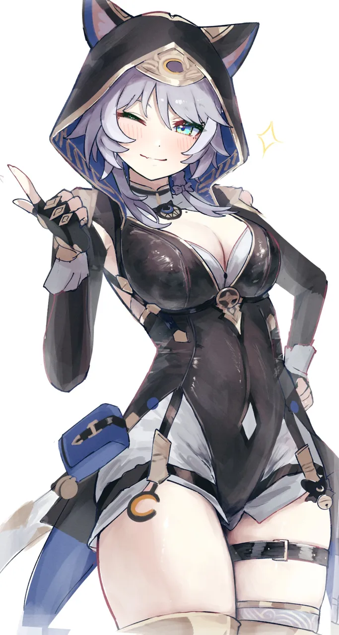1girl animal_ear_fluff animal_ears animal_hood belt black_belt black_hood blue_eyes breasts cat_ears cleavage cowboy_shot fingerless_gloves gloves grey_hair hood index_finger_raised large_breasts looking_at_viewer mole one_eye_closed pouch simple_background smile solo sparkle standing thigh_belt thigh_strap white_background white_tail sanshoku_dango__shukosuko honkai__star_rail honkai__series cipher__honkai__star_rail