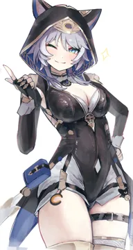 1girl animal_ear_fluff animal_ears animal_hood belt black_belt black_hood blue_eyes breasts cat_ears cleavage cowboy_shot fingerless_gloves gloves grey_hair hood index_finger_raised large_breasts looking_at_viewer mole one_eye_closed pouch simple_background smile solo sparkle standing thigh_belt thigh_strap white_background white_tail sanshoku_dango__shukosuko honkai__star_rail honkai__series cipher__honkai__star_rail