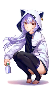 1girl animal_hood ass black_thighhighs bottle brown_eyes cat_hood expressionless feet hood hood_up hoodie long_hair long_sleeves looking_at_viewer no_shoes pleated_skirt purple_hair skirt solo squatting stirrup_legwear thighhighs toeless_legwear virtual_youtuber white_background wind as109 cyber_v azuma_lim