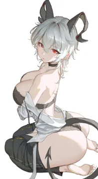 1girl ass bare_shoulders barefoot black_bra black_choker black_horns black_panties black_pants black_tail bra choker closed_mouth clothes_down clothes_pull curled_horns demon_tail feet from_side hair_between_eyes horns long_hair looking_at_viewer looking_to_the_side multicolored_hair panties pants pants_pull red_eyes seiza shirt simple_background sitting soles solo streaked_hair tacet_mark__wuthering_waves tail thighs toes underwear white_background white_shirt sib__9obsl wuthering_waves zani__wuthering_waves