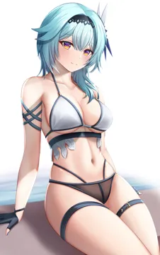 1girl bikini black_bikini black_gloves black_hairband blue_hair blue_nails breasts butterfly_hair_ornament cleavage closed_mouth collarbone dealesis eula__genshin_impact fingerless_gloves genshin_impact gloves hair_between_eyes hair_ornament hairband large_breasts long_hair looking_at_viewer multicolored_bikini navel purple_eyes sitting smile solo swimsuit thigh_strap two_tone_bikini white_bikini