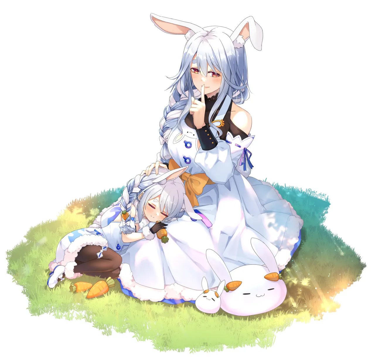 2girls aged_down animal_ear_fluff animal_ears apron bare_shoulders black_gloves black_shirt black_thighhighs blue_hair blush bow braid carrot_hair_ornament closed_eyes detached_sleeves dress extra_ears finger_to_mouth food_themed_hair_ornament fur_trimmed_dress fur_trimmed_footwear fur_trimmed_gloves fur_trim gloves grass hair_ornament hand_on_another_s_head lap_pillow long_hair mary_janes mature_female mother_and_daughter multicolored_hair multiple_girls off_shoulder pantyhose puffy_sleeves rabbit rabbit_ears rabbit_girl red_eyes ribbon shirt shoes sidelocks signature simple_background single_braid sleeping smile thighhighs twin_braids two_tone_hair virtual_youtuber white_background white_dress white_footwear white_hair yellow_bow yellow_ribbon eki_doki hololive don_chan__usada_pekora pekomama pekomon__usada_pekora usada_pekora usada_pekora__1st_costume