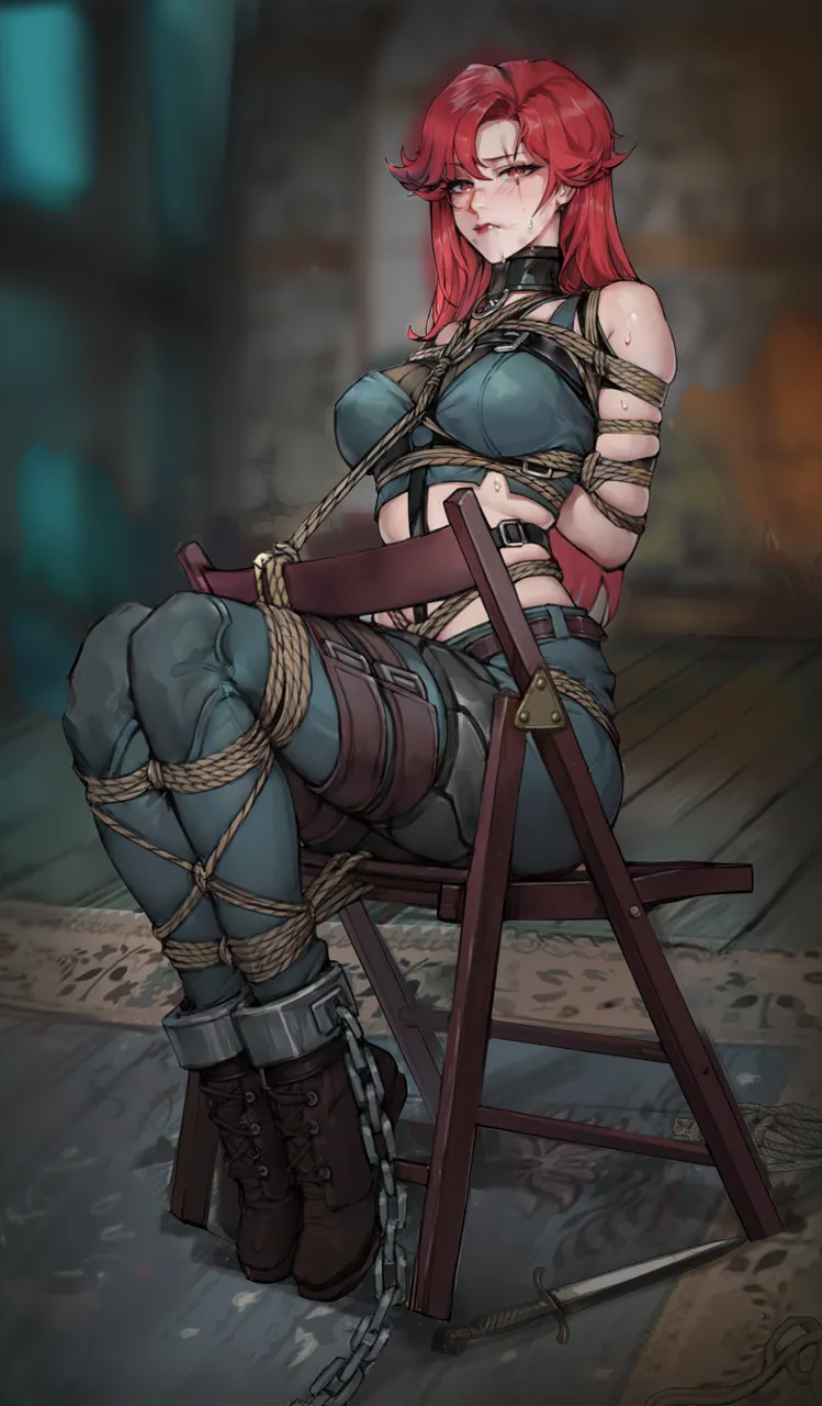 1girl arms_behind_back bdsm blush bondage bound bound_arms bound_legs breasts chair crop_top large_breasts long_hair on_chair red_eyes red_hair restrained rope shibari shibari_over_clothes sitting gdhs league_of_legends katarina__league_of_legends