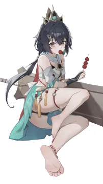 1girl anklet barefoot black_hair black_panties blush breasts bridal_gauntlets crown detached_sleeves eating feet food_in_mouth foot_focus foreshortening greatsword hair_between_eyes jewelry long_hair looking_at_viewer panties pantyshot red_nails simple_background skindentation small_breasts soles solo sword tanghulu tassel thigh_strap toes underwear weapon white_background yellow_eyes hasu_no_shiro honkai__star_rail honkai__series yunli__honkai__star_rail