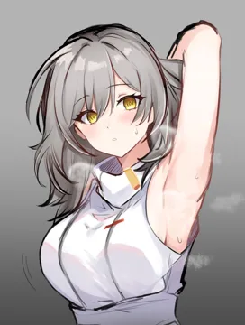 1girl armpits arms_up breasts breath grey_hair hair_between_eyes large_breasts multicolored_eyes open_mouth presenting_armpit solo two_tone_eyes yellow_eyes mini2chainz honkai__star_rail honkai__series stelle__honkai__star_rail stelle__world_tour_2023__honkai__star_rail trailblazer__honkai__star_rail