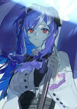 1girl ascot bow bowtie breasts frilled_shirt_collar frills holding holding_umbrella large_breasts long_sleeves looking_ahead multicolored_hair parted_lips pointy_ears purple_ascot purple_bow purple_bowtie purple_hair red_eyes shirt solo streaked_hair tearing_up umbrella underbust upper_body white_background white_shirt gohanduck zenless_zone_zero vivian__zenless_zone_zero