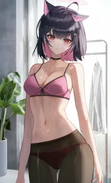 1girl ahoge alternate_costume animal_ears ass_visible_through_thighs bare_arms bare_shoulders black_choker black_hair blue_archive bra breasts brown_pantyhose cat_ears choker cleavage colored_inner_hair cowboy_shot expressionless extra_ears hair_ornament hairclip halo jaduade kazusa__blue_archive looking_at_viewer medium_breasts multicolored_hair navel panties panties_under_pantyhose pantyhose pink_bra pink_hair red_eyes short_hair solo standing stomach string_bra underwear underwear_only