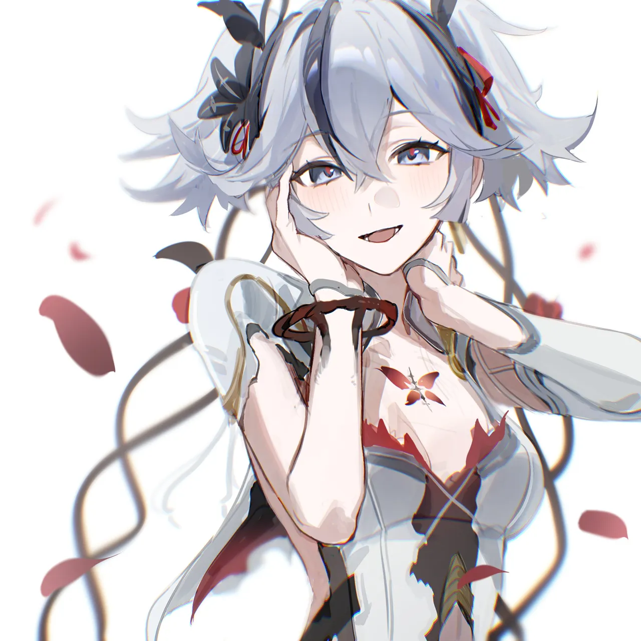 1girl black_eyes black_flower blake_bloom__wuthering_waves breasts chromatic_aberration collar earrings flower gold_earrings hair_between_eyes hair_flower hair_ornament hair_ribbon hair_vines jewelry light_blush open_mouth red_petals red_pupils red_ribbon ribbon short_hair simple_background small_breasts smile solo tacet_mark__wuthering_waves upper_body white_background white_collar white_hair flatshi wuthering_waves camellya__wuthering_waves