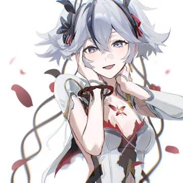 1girl black_eyes black_flower blake_bloom__wuthering_waves breasts chromatic_aberration collar earrings flower gold_earrings hair_between_eyes hair_flower hair_ornament hair_ribbon hair_vines jewelry light_blush open_mouth red_petals red_pupils red_ribbon ribbon short_hair simple_background small_breasts smile solo tacet_mark__wuthering_waves upper_body white_background white_collar white_hair flatshi wuthering_waves camellya__wuthering_waves
