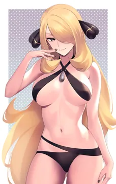 1girl alternate_hairstyle arm_at_side ass_visible_through_thighs bare_shoulders bikini black_bikini black_nails blonde_hair border breasts breasts_apart closed_mouth collarbone cowboy_shot cynthia__pokemon gradient_background grey_background grey_eyes hair_ornament hair_over_one_eye half_closed_eyes hand_to_own_mouth hand_up happy large_breasts long_hair looking_at_viewer maki__letusgomaki nail_polish navel one_eye_covered outside_border pokemon pokemon_dppt sidelocks simple_background skindentation smile solo standing stomach swept_bangs swimsuit thighs very_long_hair white_border