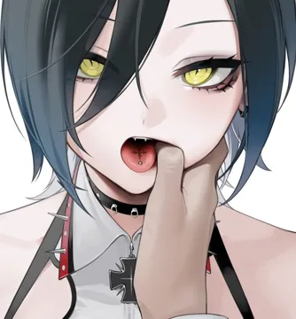 1boy 1girl azur_lane bare_shoulders black_hair blue_hair choker collar collared_shirt cross eyeshadow fangs finger_in_another_s_mouth hair_between_eyes jewelry long_eyelashes looking_at_viewer makeup mouth_pull ohisashiburi open_mouth pale_skin piercing shirt short_hair simple_background solo_focus spiked_collar spikes tattoo teeth tongue tongue_piercing tongue_tattoo ulrich_von_hutten__azur_lane white_background yellow_eyes zipper