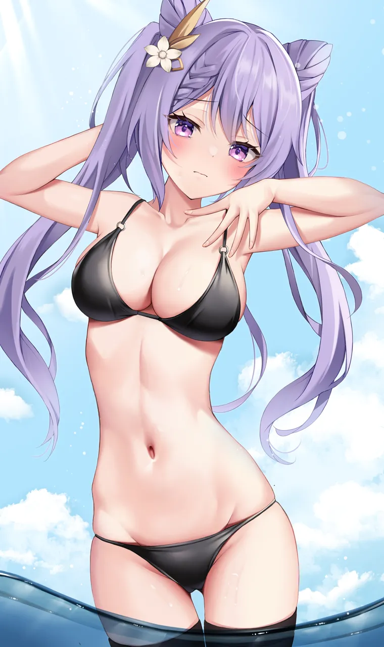 1girl bikini black_bikini black_thighhighs blue_sky blush braid breasts closed_mouth cloud cone_hair_bun cowboy_shot day flower genshin_impact hair_bun hair_flower hair_ornament hands_up keqing__genshin_impact large_breasts long_hair looking_at_viewer navel outdoors purple_eyes purple_hair raised_eyebrows sidelocks skindentation sky solo stomach swimsuit thighhighs twintails utekiro water wet