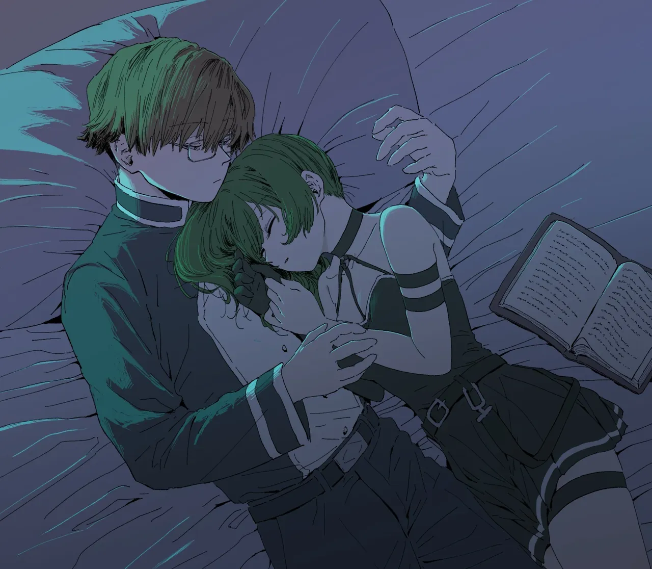 1boy 1girl arm_strap bare_shoulders black_dress black_gloves book brown_hair closed_eyes cowboy_shot dress glasses gloves green_hair hetero long_sleeves looking_at_another lying medium_hair on_back on_bed on_side open_book reversible_couple short_hair single_glove sleeping user_tjvj4534 sousou_no_frieren land__sousou_no_frieren ubel__sousou_no_frieren
