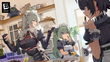 3girls apron backlighting bangboo__zenless_zone_zero belt black_belt black_dress black_hair bow bowl bowtie breasts chocolate copyright_logo cupping_glass dark_skin dress dutch_angle frilled_apron frills green_hair grey_hair hair_between_eyes holding holding_whisk index_finger_raised indoors juliet_sleeves kitchen large_breasts long_hair long_sleeves looking_at_another maid maid_apron maid_headdress mole mole_under_eye multiple_girls parted_lips puffy_short_sleeves puffy_sleeves purple_eyes red_eyes short_sleeves smile standing toaster_oven turn_pale twintails wavy_mouth whisk white_apron white_bow white_bowtie window wrist_cuffs zenless_zone_zero alexandrina_sebastiane__zenless_zone_zero butler__zenless_zone_zero corin_wickes__zenless_zone_zero ellen_joe__zenless_zone_zero