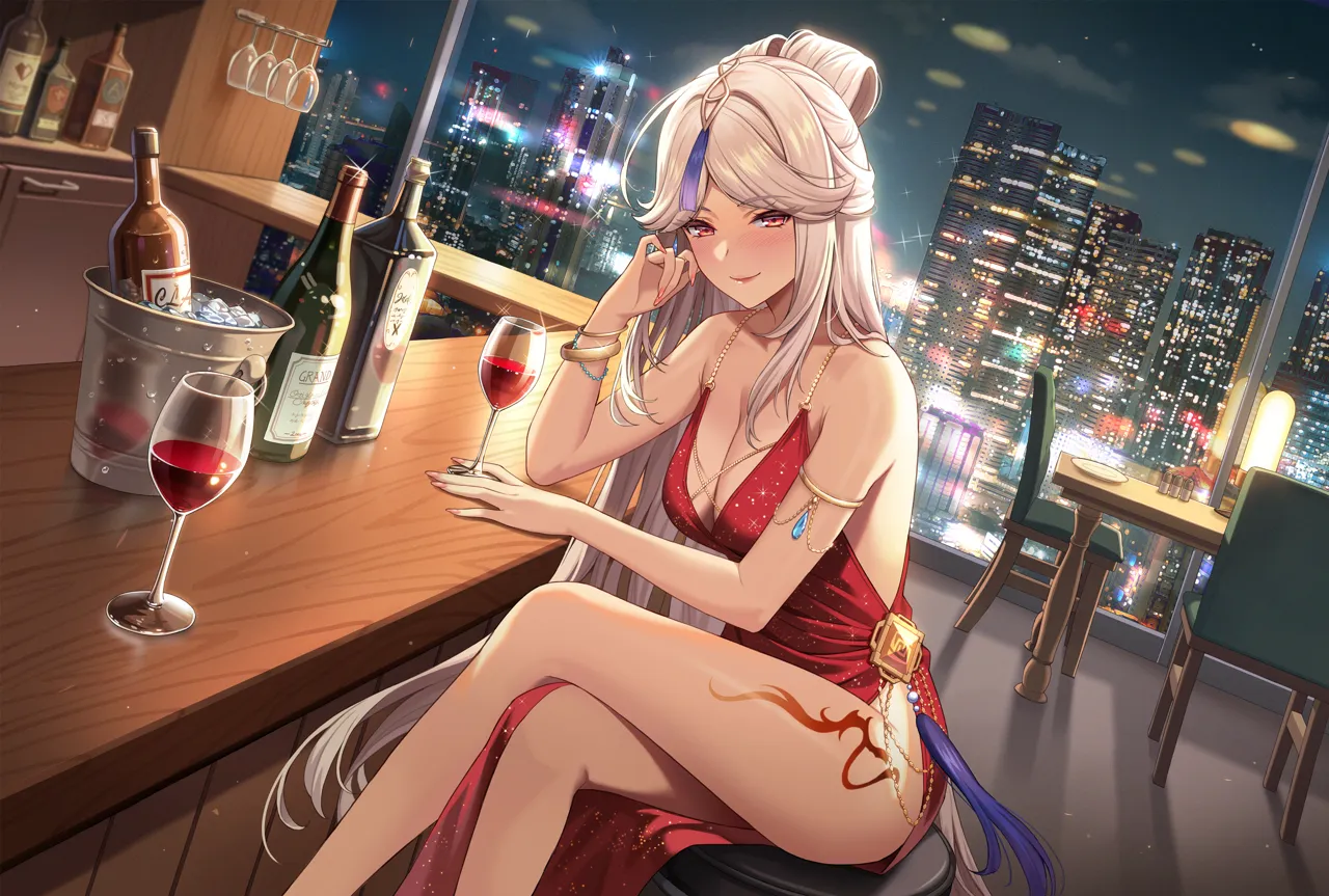 1girl alcohol armlet bare_arms bare_legs bare_shoulders blush bottle bracelet breasts bucket chair city cleavage crossed_legs cup dress drinking_glass dutch_angle feet_out_of_frame genshin_impact hand_up ice ice_cube jewelry long_hair looking_at_viewer medium_breasts ningguang__genshin_impact no_ba red_dress red_eyes sitting sleeveless sleeveless_dress solo table thighs very_long_hair white_hair wine wine_glass
