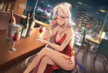 1girl alcohol armlet bare_arms bare_legs bare_shoulders blush bottle bracelet breasts bucket chair city cleavage crossed_legs cup dress drinking_glass dutch_angle feet_out_of_frame genshin_impact hand_up ice ice_cube jewelry long_hair looking_at_viewer medium_breasts ningguang__genshin_impact no_ba red_dress red_eyes sitting sleeveless sleeveless_dress solo table thighs very_long_hair white_hair wine wine_glass