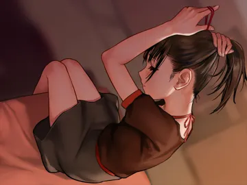 1girl arms_up black_skirt blush brown_hair brown_shirt closed_eyes closed_mouth dutch_angle from_above from_behind from_side hair_tie halterneck indoors leaning_forward legs_together nape on_bed ponytail profile shirt short_sleeves sitting skirt solo tying_hair as109 shoujo_to_ura_roji