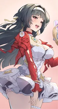 1girl black_hair blunt_bangs blush bracelet breasts cleavage cowboy_shot dress fingernails gradient_background hairband jacket jewelry long_hair long_sleeves looking_ahead medium_breasts open_clothes open_jacket open_mouth red_eyes red_jacket sidelocks simple_background smile solo standing teeth thighs upper_teeth_only white_dress white_hairband kumo33 zenless_zone_zero astra_yao__zenless_zone_zero