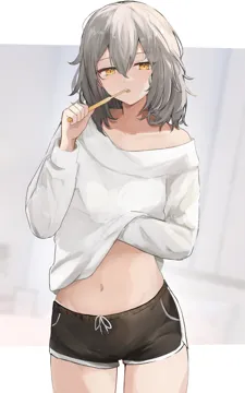1girl alternate_costume black_shorts blurry blurry_background border clothes_lift cowboy_shot dolphin_shorts grey_hair holding holding_toothbrush honkai__series honkai__star_rail lifting_own_clothes long_sleeves medium_hair navel off_shoulder shirt shirt_lift short_shorts shorts shuuzo3 solo stelle__honkai__star_rail stomach toothbrush trailblazer__honkai__star_rail white_border white_shirt white_sleeves yellow_eyes
