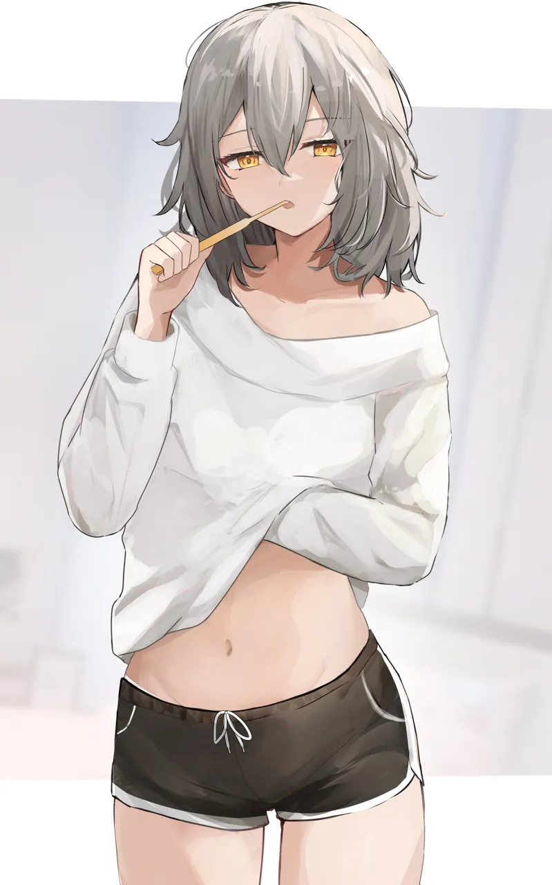 1girl alternate_costume black_shorts blurry blurry_background border clothes_lift cowboy_shot dolphin_shorts grey_hair holding holding_toothbrush honkai__series honkai__star_rail lifting_own_clothes long_sleeves medium_hair navel off_shoulder shirt shirt_lift short_shorts shorts shuuzo3 solo stelle__honkai__star_rail stomach toothbrush trailblazer__honkai__star_rail white_border white_shirt white_sleeves yellow_eyes