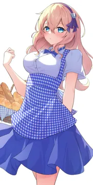 1girl alternate_costume basket blonde_hair blue_bow blue_bowtie blue_eyes blush bow bowtie bread breasts checkered_clothes cowboy_shot dress elbow_carry food frown hair_between_eyes hairband hand_up holding holding_basket long_hair looking_at_viewer medium_breasts partially_unbuttoned picnic_basket purple_hairband shirt shirt_under_dress short_sleeves simple_background solo standing sundress thighs wavy_hair white_background white_shirt cocoablue23 azur_lane leander__azur_lane