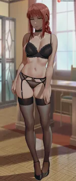 1girl bare_shoulders black_bra black_footwear black_panties blurry blurry_background bra braid braided_ponytail breasts chainsaw_man chair choker closed_mouth collarbone curtains day desk full_body garter_belt groin high_heels indoors looking_at_viewer makima__chainsaw_man navel panties patreon_logo patreon_username red_hair ringed_eyes shexyo solo standing sunlight thighhighs thighs tile_floor tiles underwear underwear_only web_address window wooden_floor yellow_eyes