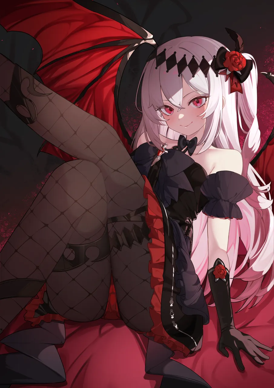 1girl arm_support ass bare_shoulders black_bow black_bowtie black_dress black_gloves black_ribbon blush bow bowtie breasts closed_mouth demon_girl dress fishnets flower frills gloves hair_between_eyes hair_flower hair_ornament long_hair looking_at_viewer panties pantyhose red_eyes red_flower red_rose ribbon rose sidelocks sitting small_breasts smile solo strapless strapless_dress underwear vampire very_long_hair white_hair wings hijo__nakare2845 mare__ac8231