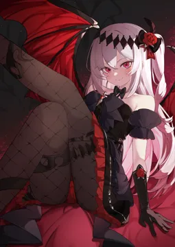 1girl arm_support ass bare_shoulders black_bow black_bowtie black_dress black_gloves black_ribbon blush bow bowtie breasts closed_mouth demon_girl dress fishnets flower frills gloves hair_between_eyes hair_flower hair_ornament long_hair looking_at_viewer panties pantyhose red_eyes red_flower red_rose ribbon rose sidelocks sitting small_breasts smile solo strapless strapless_dress underwear vampire very_long_hair white_hair wings hijo__nakare2845 mare__ac8231