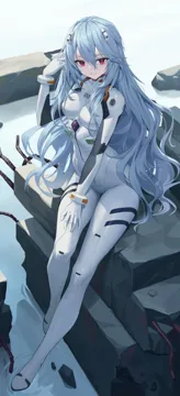 1girl adjusting_hair alternate_hair_length alternate_hairstyle arm_up blue_hair bodysuit breasts full_body hair_between_eyes hair_spread_out hand_in_own_hair hand_on_own_thigh interface_headset__evangelion long_hair looking_at_viewer mecha_pilot_suit medium_breasts parted_lips plugsuit__evangelion red_eyes science_fiction sidelocks sitting solo very_long_hair white_bodysuit xzu evangelion__3_0_1_0_thrice_upon_a_time neon_genesis_evangelion rebuild_of_evangelion ayanami_rei__neon_genesis_evangelion