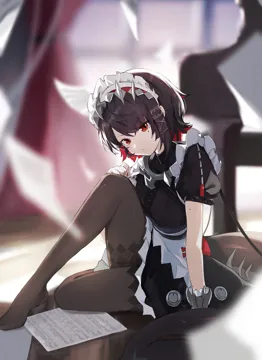 1girl blurry blurry_background breasts brown_hair brown_pantyhose fins fish_tail hair_ornament hairclip looking_at_viewer maid maid_headdress medium_breasts mole mole_on_arm mole_under_eye no_shoes pantyhose shark_girl shark_tail short_hair sitting solo tail jiang_zhuti_jiojio zenless_zone_zero ellen_joe__zenless_zone_zero