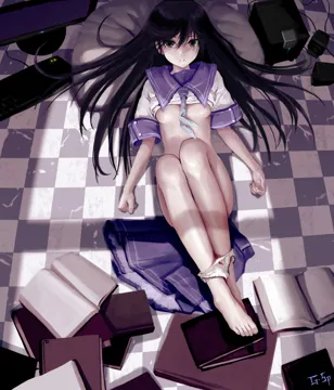 1girl areolae barefoot black_hair blue_sailor_collar book bottomless breasts checkered_floor clothes_lift computer computer_keyboard convenient_leg feet from_above hair_spread_out legs legs_together long_hair long_legs looking_at_viewer lying medium_breasts monitor neckerchief no_bra on_back panties panties_around_ankles panty_pull perspective pillow sailor_collar school_uniform shirt_lift skirt solo underboob underwear unworn_skirt white_panties as109 denpa_teki_na_kanojo ochibana_ame