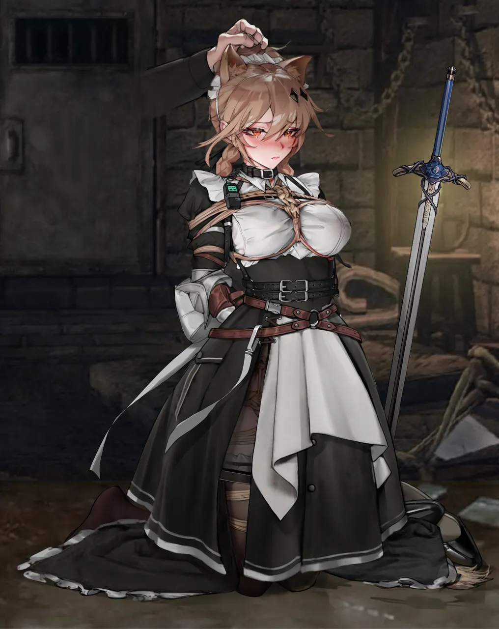 1girl animal_ear_fluff animal_ears arms_behind_back bdsm belt belt_collar black_belt black_dress blush bondage borrowed_character bound braid brown_belt brown_hair chain collar crying crying_with_eyes_open disembodied_hand dress extra_ears grabbing_another_s_hair hair_between_eyes hair_ornament indoors juliet_sleeves kneeling lion_ears long_hair long_sleeves maid maid_headdress multiple_belts planted planted_sword puffy_sleeves red_eyes restrained rope shibari shoes solo_focus star__symbol star_hair_ornament sword tears twin_braids unworn_shoes weapon gdhs arknights mirror__matsuura_kagami