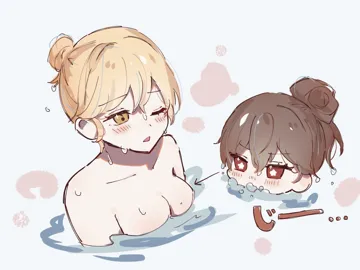 2girls blonde_hair blue_background blush breasts bright_pupils brown_hair bubble flower_shaped_pupils hair_up looking_at_breasts medium_breasts multiple_girls nude one_eye_closed parted_lips partially_submerged red_eyes same_sex_bathing shared_bathing simple_background symbol_shaped_pupils upper_body water wet white_pupils yellow_eyes yuri jako_gnsn genshin_impact hu_tao__genshin_impact lumine__genshin_impact