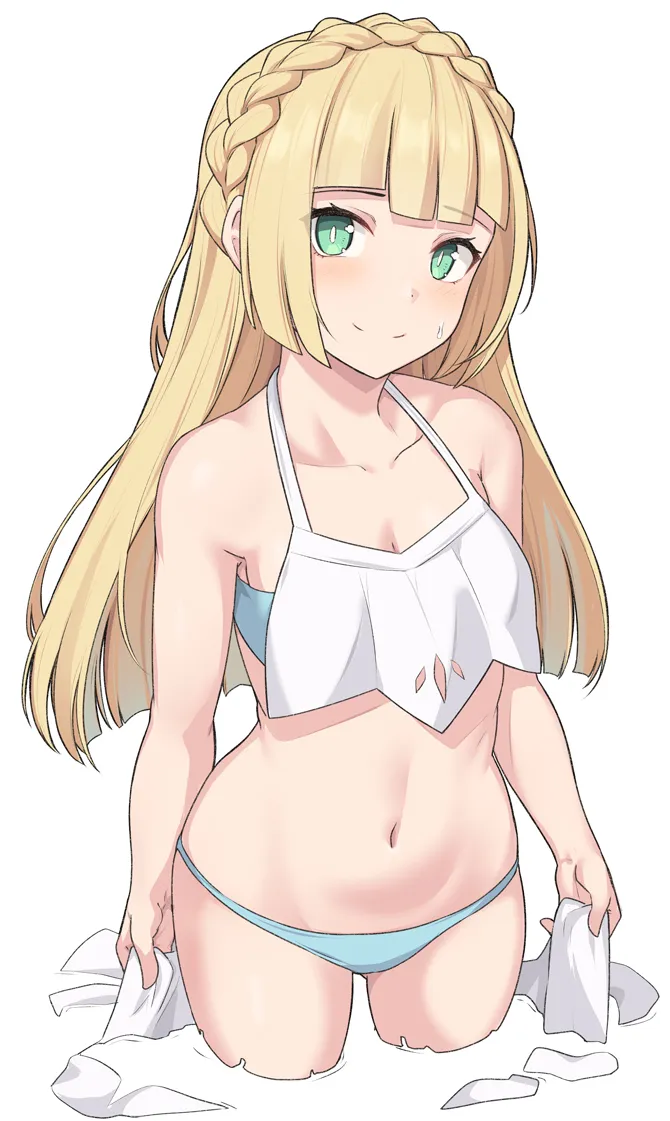 1girl bikini blonde_hair braid closed_mouth collarbone frilled_bikini frills green_eyes lillie__pokemon long_hair looking_at_viewer navel pokemon pokemon__anime pokemon_sm__anime shiseki_hirame simple_background smile solo stomach swimsuit white_background