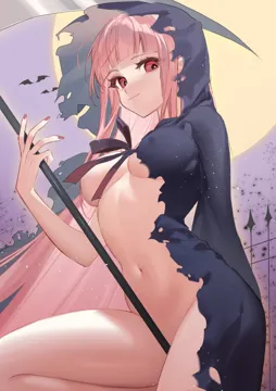 1girl bat__animal blunt_bangs bottomless breasts cloak closed_mouth convenient_censoring fence fingernails full_moon hood large_breasts long_hair looking_at_viewer moon nail_polish naked_cloak navel pink_hair red_eyes red_nails scythe sitting smile solo very_long_hair virtual_youtuber smilesmile1312 hololive mori_calliope__hololive