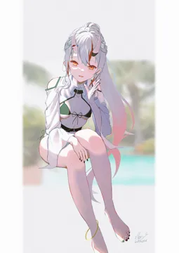 1girl alternate_costume anklet barefoot belt bikini braid breasts french_braid gradient_hair green_nails grey_hair horns jewelry long_hair midriff multicolored_hair nail_polish oni orange_eyes ponytail red_hair sitting skin_covered_horns small_breasts smile solo streaked_hair swimsuit virtual_youtuber maria_onnette hololive nakiri_ayame__hololive