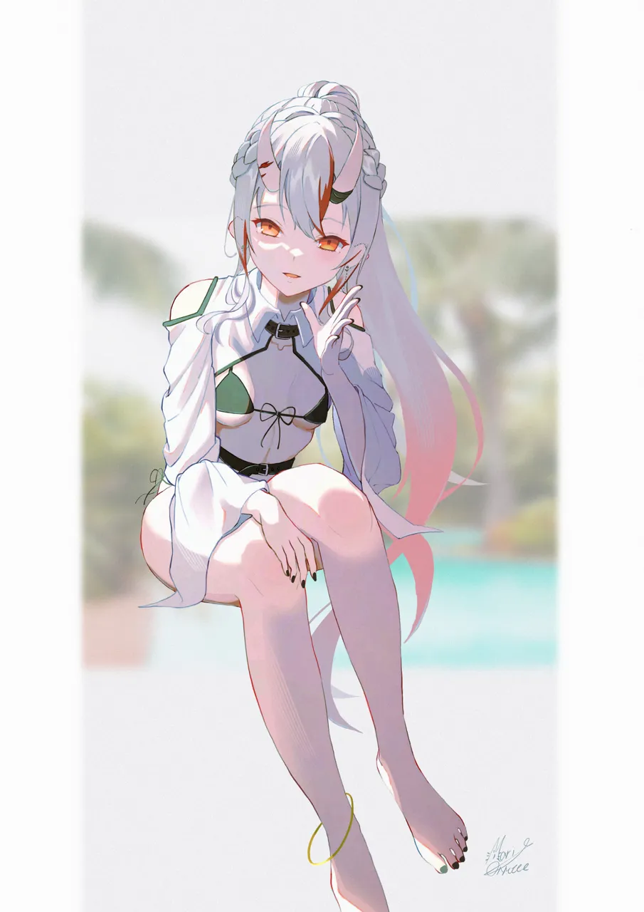 1girl alternate_costume anklet barefoot belt bikini braid breasts french_braid gradient_hair green_nails grey_hair horns jewelry long_hair midriff multicolored_hair nail_polish oni orange_eyes ponytail red_hair sitting skin_covered_horns small_breasts smile solo streaked_hair swimsuit virtual_youtuber maria_onnette hololive nakiri_ayame__hololive