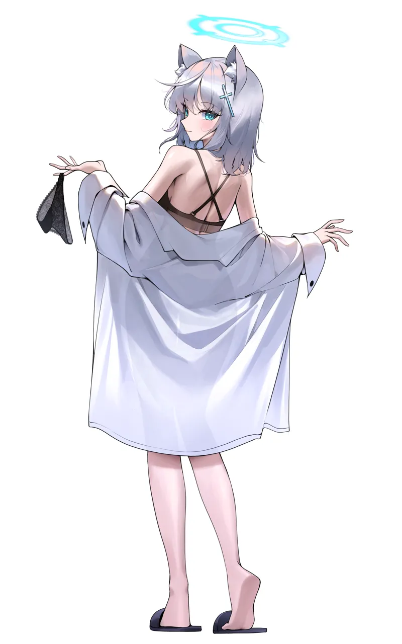 1girl animal_ear_fluff animal_ears bare_legs black_bra black_panties bra clothes_pull cross_hair_ornament from_behind full_body grey_hair hair_ornament halo holding holding_panties holding_underwear holding_unworn_clothes looking_at_viewer looking_back median_furrow open_clothes open_shirt panties see_through_silhouette shirt shirt_pull simple_background slippers soles solo standing underwear unworn_panties white_background white_shirt wolf_ears sbgu blue_archive shiroko__blue_archive