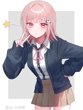 1girl black_jacket border breasts brown_hair brown_skirt collared_shirt flipped_hair grey_background hair_ornament hand_on_own_hip hood jacket long_sleeves looking_at_viewer medium_hair neck_ribbon open_clothes open_jacket parted_lips pink_eyes pink_ribbon pleated_skirt ribbon shirt shirt_tucked_in skirt solo spaceship_hair_ornament star__symbol white_border white_shirt su_no__su_no090 danganronpa__series danganronpa_2__goodbye_despair galaga nanami_chiaki