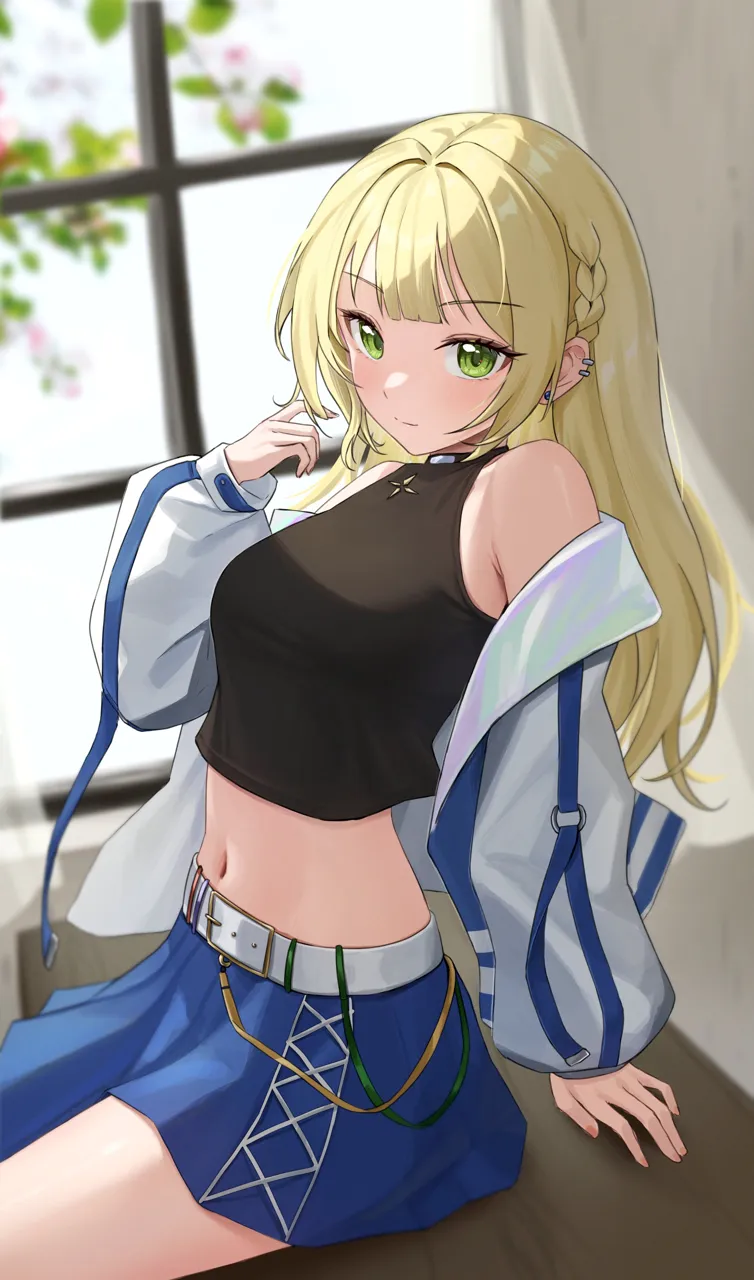 1girl arm_support bare_shoulders black_shirt blonde_hair blue_skirt braid closed_mouth crop_top day earrings green_eyes hand_up jacket jewelry light_smile long_hair long_sleeves looking_at_viewer midriff navel off_shoulder shirt sidelocks sitting skirt solo stomach white_jacket nasol