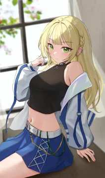 1girl arm_support bare_shoulders black_shirt blonde_hair blue_skirt braid closed_mouth crop_top day earrings green_eyes hand_up jacket jewelry light_smile long_hair long_sleeves looking_at_viewer midriff navel off_shoulder shirt sidelocks sitting skirt solo stomach white_jacket nasol