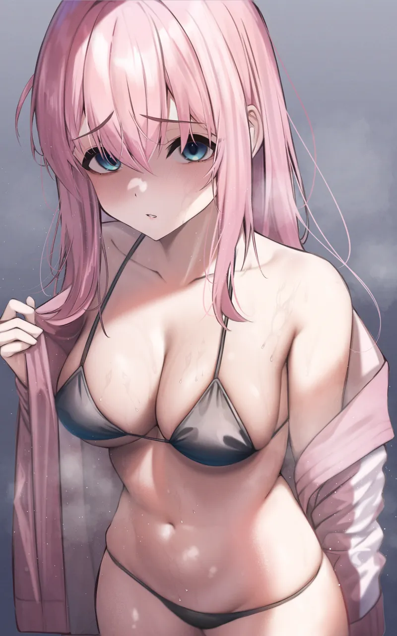 1girl bare_shoulders bikini black_bikini blue_eyes blush bocchi_the_rock breasts cleavage collarbone gotoh_hitori gradient_background grey_background groin hair_between_eyes halterneck hand_up holding jacket large_breasts long_hair looking_at_viewer lowleg navel open_clothes open_jacket parted_lips pink_hair pink_jacket raised_eyebrows sidelocks simple_background solo steaming_body stomach string_bikini suujiniku sweat swimsuit track_jacket wet